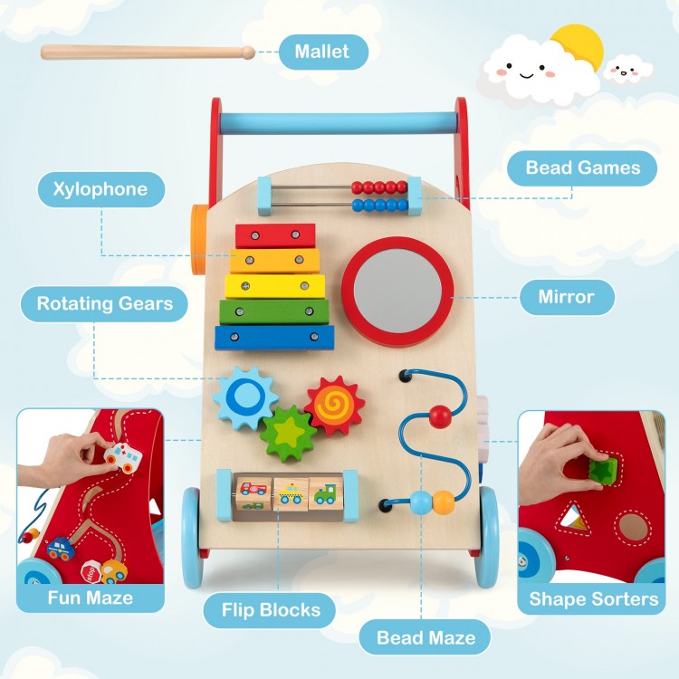 Colorful Baby Push Walker featuring a xylophone, shape sorters, and rotating gears for toddlers aged 3+ years.