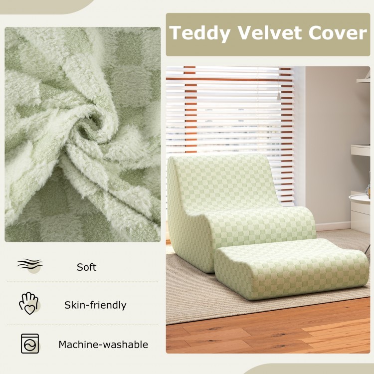 Bean bag chair with ottoman in green teddy velvet, featuring a chessboard pattern and machine-washable cover for easy.