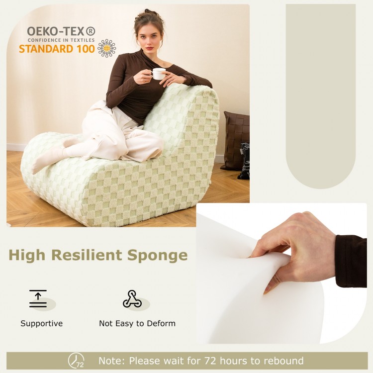 Bean bag chair in green with ottoman, featuring high resilient sponge and soft teddy velvet for comfortable support.