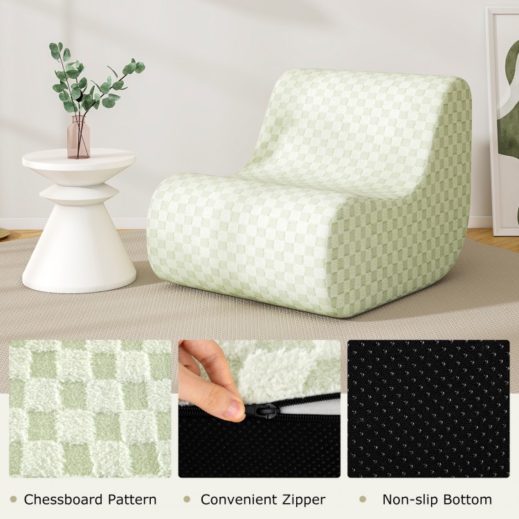 Bean bag chair in green with chessboard pattern, high elasticity sponge, and non-slip bottom for comfortable seating.