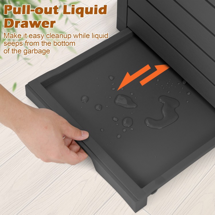 Pull-out liquid drawer of a 31-gallon outdoor trash can for easy cleanup, made of durable black PP material.