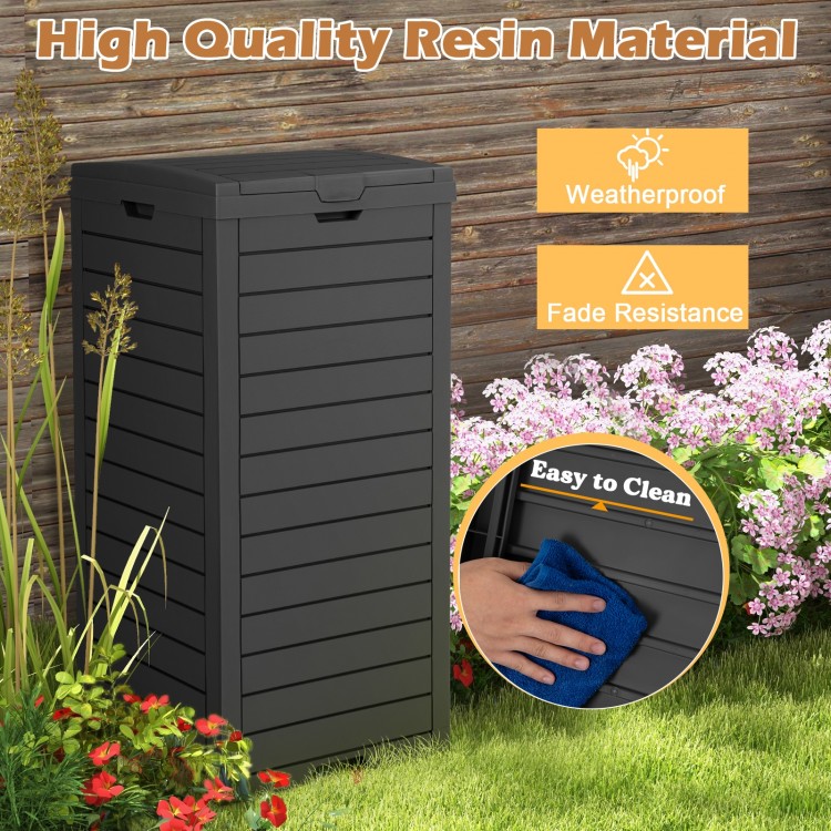 31-gallon black outdoor trash can with lid, pull-out liquid drawer, weatherproof, and easy to clean for patio or garden.
