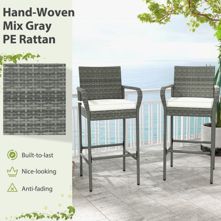 Patio wicker barstools with armrests in mix gray PE rattan, featuring soft cushions for comfort, ideal for outdoor use.