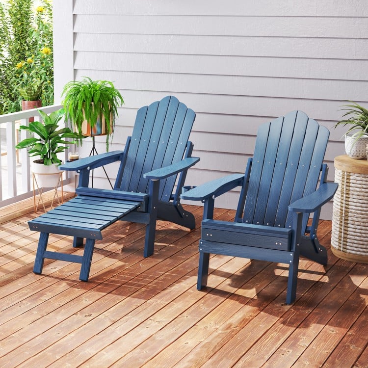 Navy All-Weather HIPS Adirondack lounge chairs with retractable footrest, perfect for outdoor relaxation on the patio.