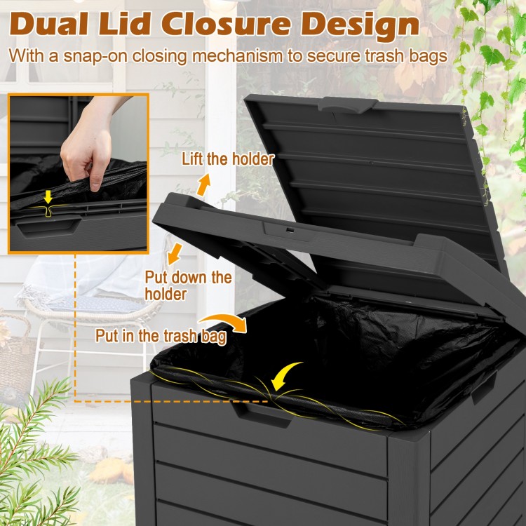 Large outdoor trash can with dual lid closure design and pull-out liquid drawer for easy cleaning and maintenance.
