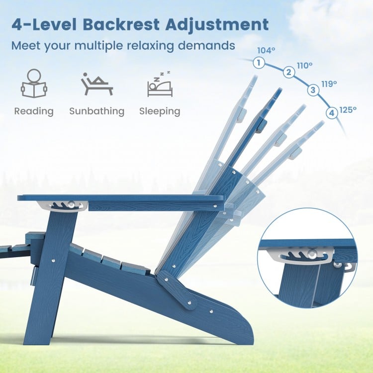 Navy All-Weather HIPS Adirondack lounge chair with 4-position backrest and retractable footrest for outdoor relaxation.