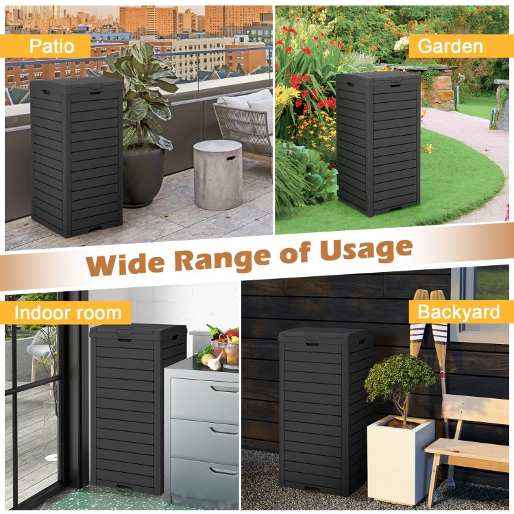 Large black outdoor trash can with lid and pull-out liquid drawer, ideal for patio, garden, and indoor use.