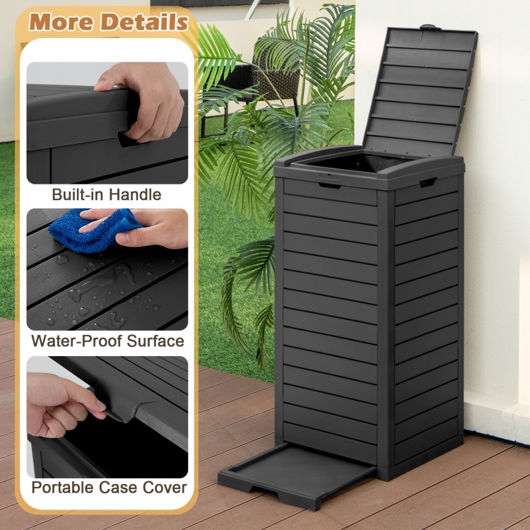 Large black outdoor trash can with lid, pull-out liquid drawer, and built-in handle for easy cleaning and transport.