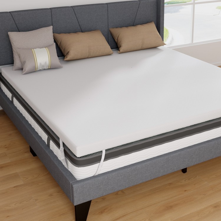 King size gel-infused memory foam mattress topper with removable cover, designed for comfort and pressure relief.