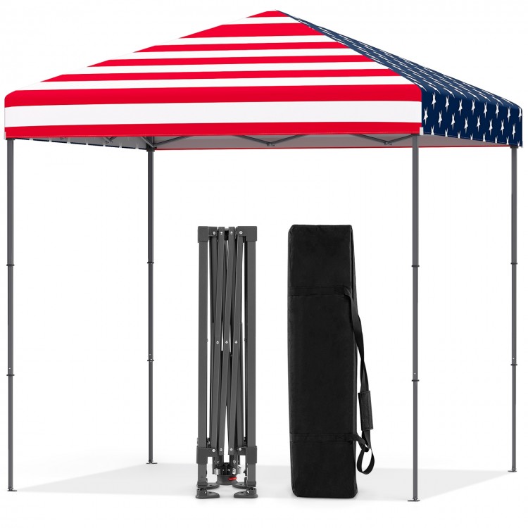 Outdoor pop-up canopy tent with American flag design, 6.6 x 6.6 feet, UPF 50+ sun protection, ideal for events.