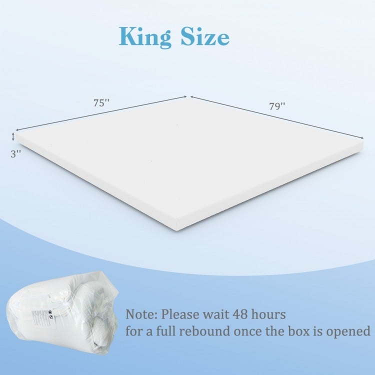 King size 3-inch gel-infused memory foam mattress topper with removable cover, ideal for pressure relief and comfort.
