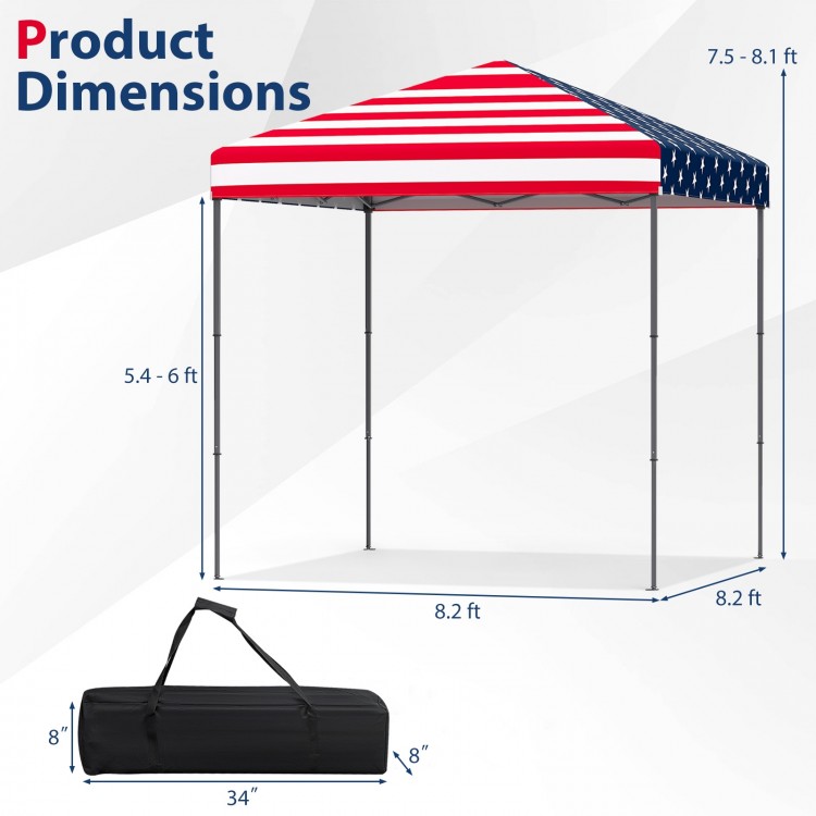 Outdoor pop-up canopy tent with multicolor stripes, adjustable height, and durable frame for parties and events.