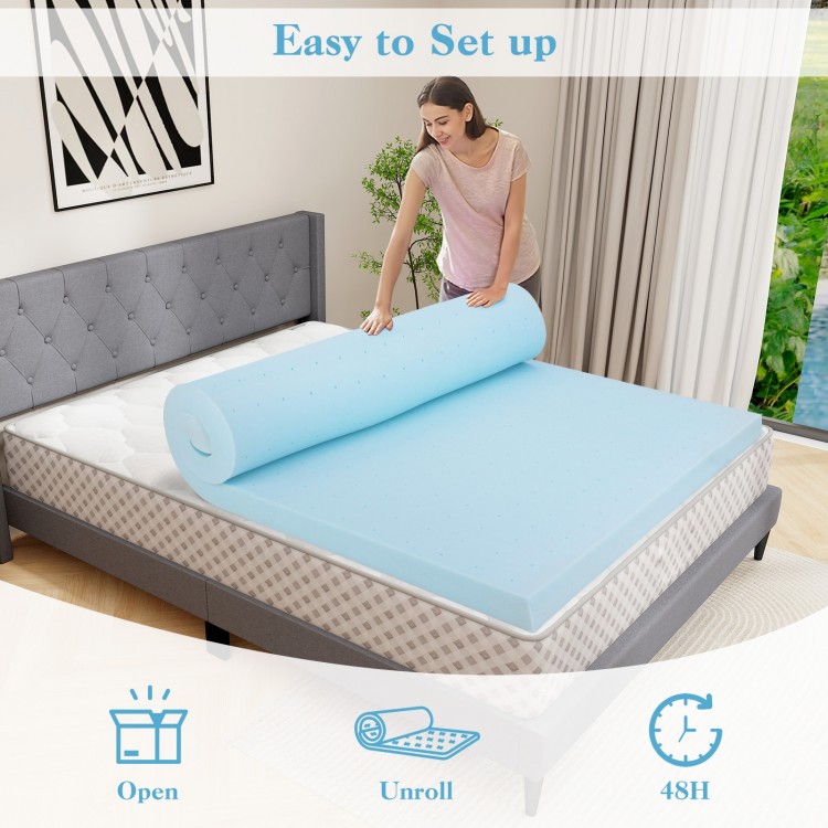 King size 3-inch gel-infused memory foam mattress topper being unrolled, featuring a removable cover for easy.