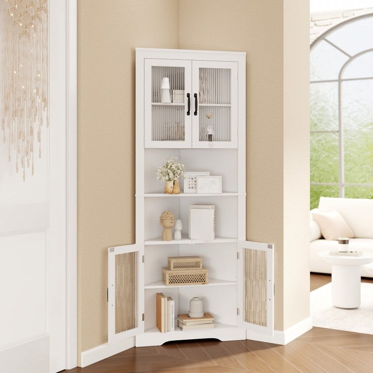 67-inch tall white corner cabinet with tempered glass doors, featuring 2 cabinets and 2 open shelves for versatile.