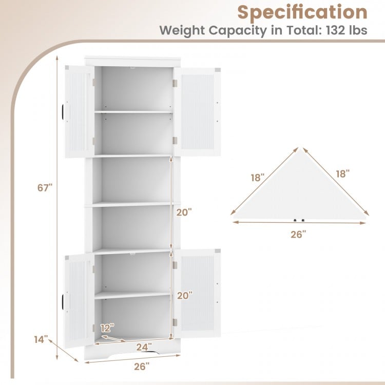 67-inch tall triangular corner cabinet in white with tempered glass doors, featuring 2 cabinets and 2 adjustable.