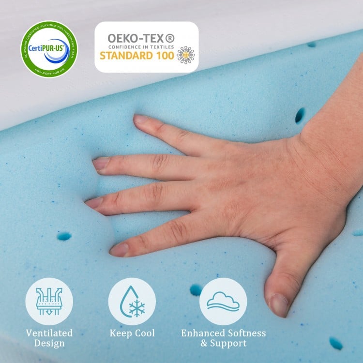 Hand pressing into the 3-inch gel-infused memory foam mattress topper, showcasing its cooling and supportive features.
