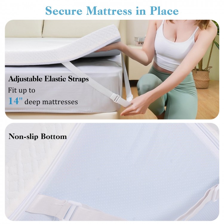 Adjustable elastic straps securing a gel-infused memory foam mattress topper for 14" deep mattresses.
