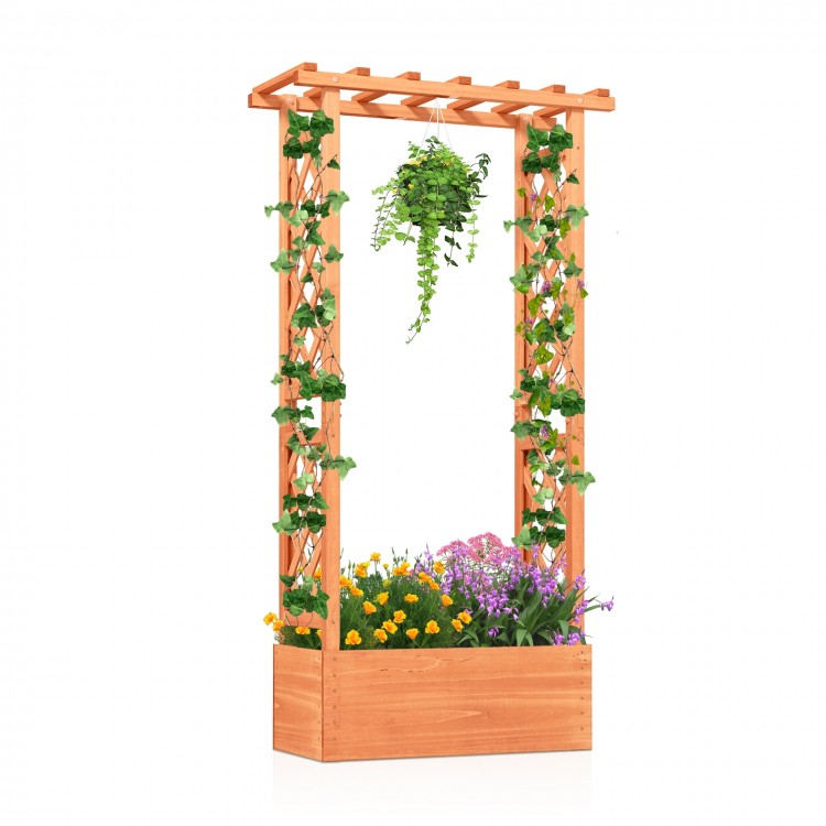 Raised garden bed in orange with side trellis, hanging roof, and drainage holes, perfect for climbing plants and.