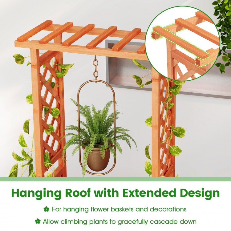 Raised garden bed with trellis and hanging roof, crafted from fir wood, ideal for climbing plants and flower baskets.