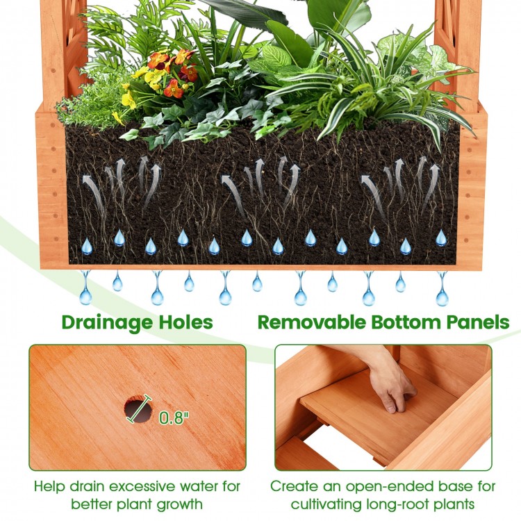 Raised garden bed in orange with drainage holes and removable bottom panels, ideal for cultivating long-root plants.