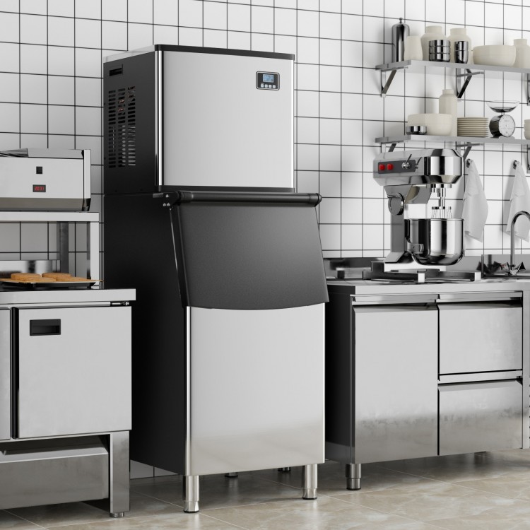Commercial ice maker machine with 418 lbs/24H capacity and 200 lbs storage bin, ideal for busy kitchens.