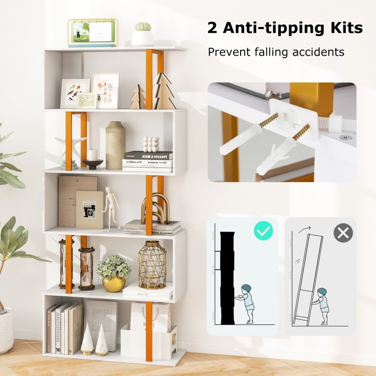 5-tier geometric bookcase with metal frame and anti-tipping kits, ideal for stylish storage and preventing accidents.