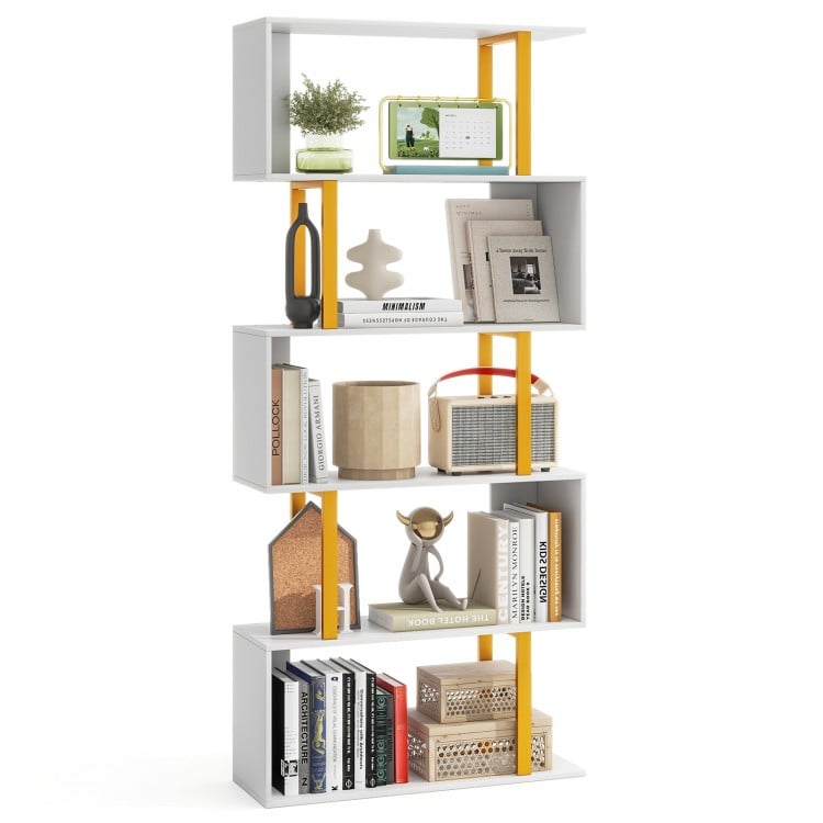 5-tier geometric bookcase with S-shaped design, featuring vibrant yellow accents for a modern touch in any room.