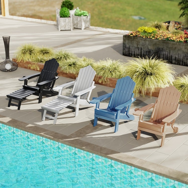 Four All-Weather HIPS Patio Adirondack Lounge Chairs in various colors by the poolside, featuring retractable footrests.