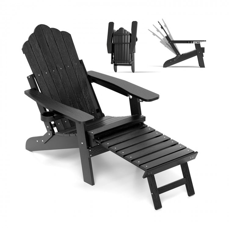 Black All-Weather HIPS Adirondack lounge chair with retractable footrest and 4-position backrest, ideal for outdoor.