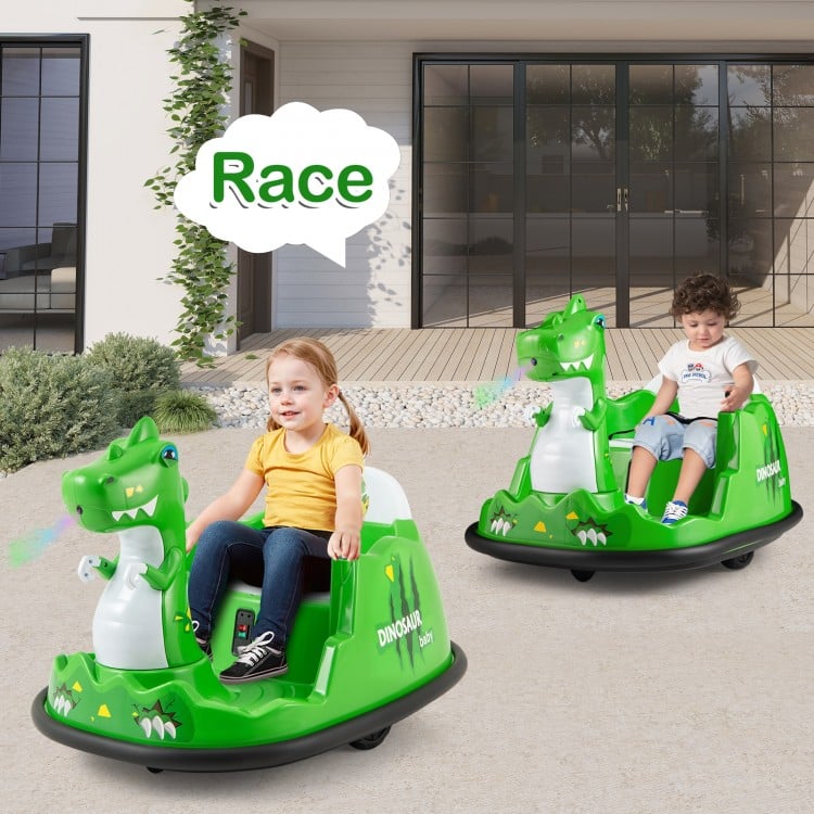 Green 12V bumper car with dinosaur design, featuring spray function and remote control for toddlers aged 2-5.