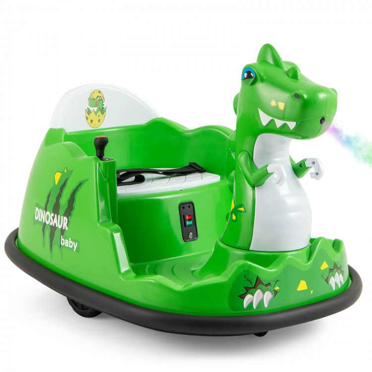 Green 12V bumper car for toddlers with dinosaur design, spray function, and remote control for indoor and outdoor fun.
