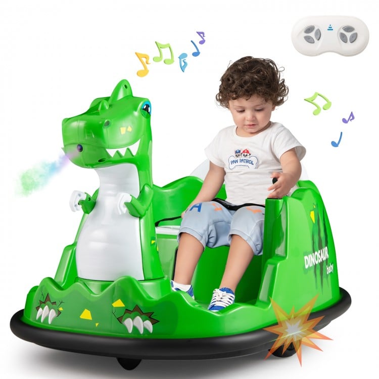Green dinosaur-themed 12V bumper car with spray function, remote control, and music for toddlers aged 2-5.