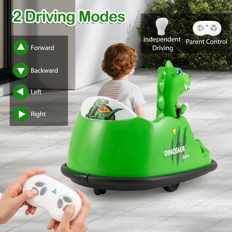 Green 12V bumper car for toddlers with dinosaur design, featuring remote control, safety belt, and spray function for.