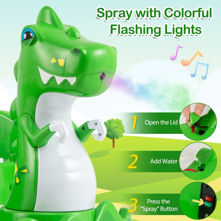 Colorful dinosaur bumper car with spray function, remote control, and flashing lights for toddlers aged 2-5.