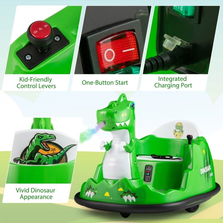 Green 12V bumper car with dinosaur design, featuring one-button start, spray function, and kid-friendly controls for.