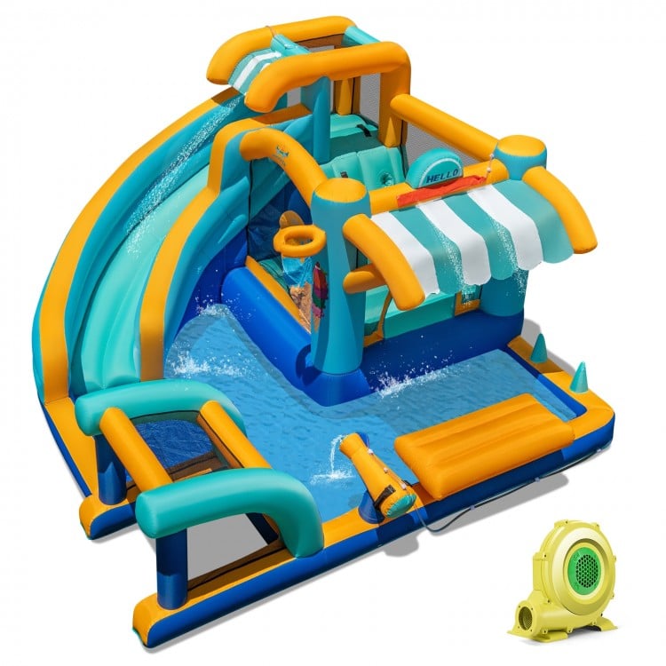 Colorful inflatable water slide bounce house with curved slide, pool, and water cannon for kids' outdoor fun.