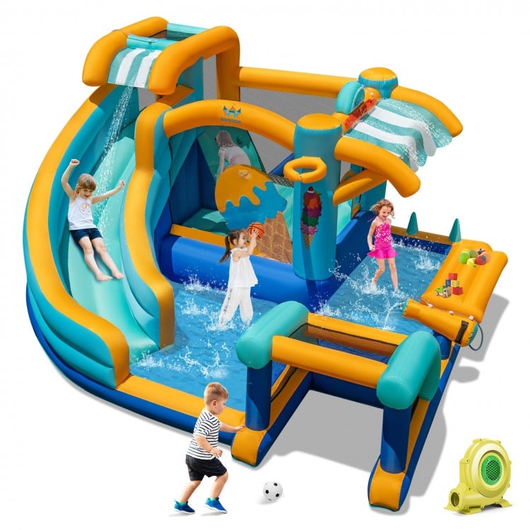 Colorful inflatable water slide bounce house with pool, slide, and water cannon for kids' outdoor fun.