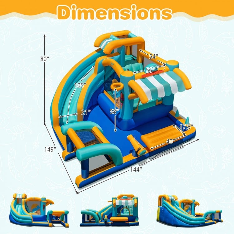 Inflatable water slide bounce house with snack counter, curved slide, and spacious pool for kids' outdoor fun.