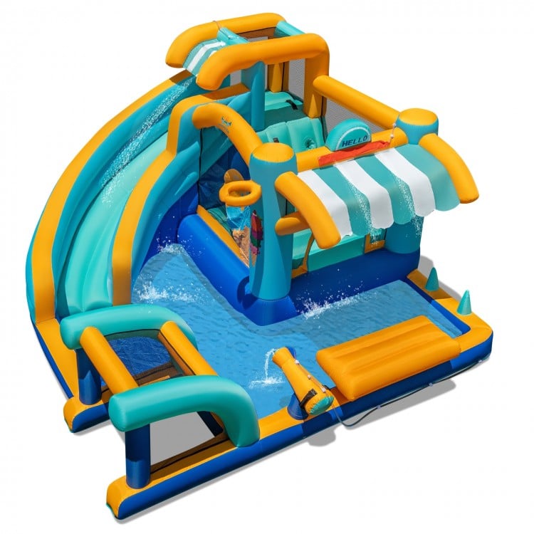 Colorful inflatable water slide bounce house with a pool, slide, and snack counter for kids' outdoor fun.