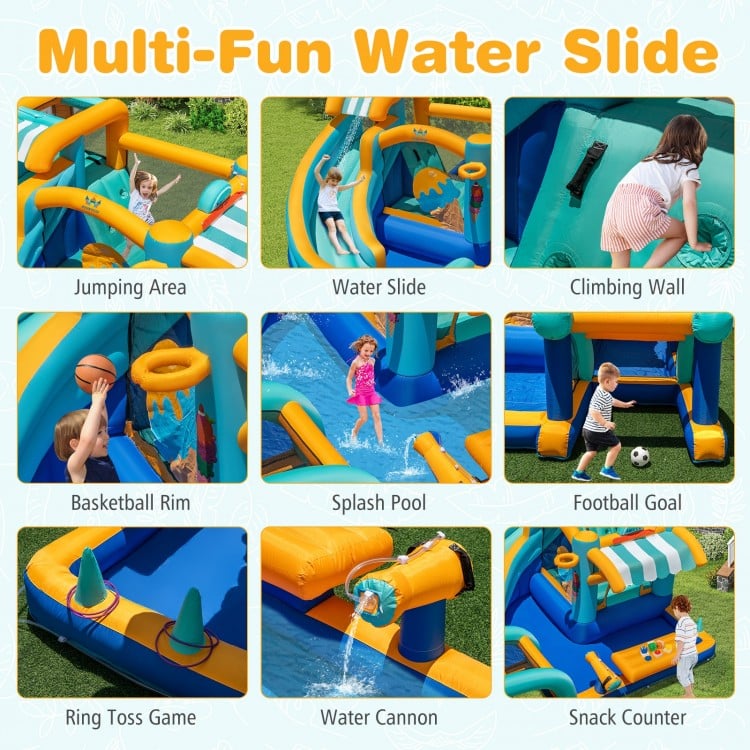 Colorful inflatable water slide bounce house with climbing wall, splash pool, and various games for kids' outdoor fun.