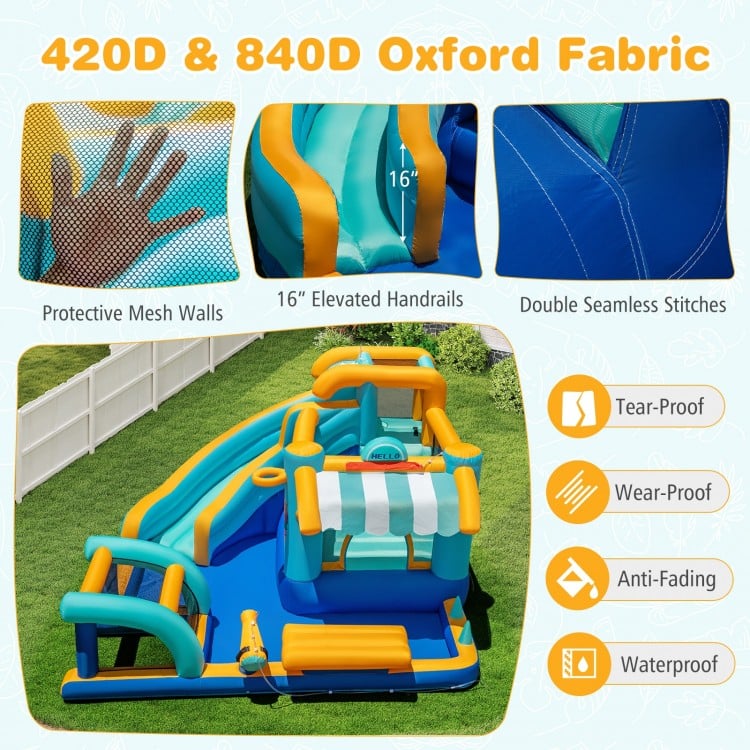 Inflatable water slide bounce house with 420D Oxford fabric, safety guardrails, and vibrant colors for outdoor fun.