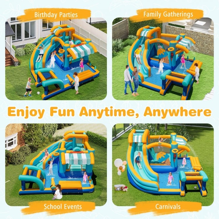 Inflatable water slide bounce house with curved slide, pool, and water cannon for kids' outdoor fun and games.