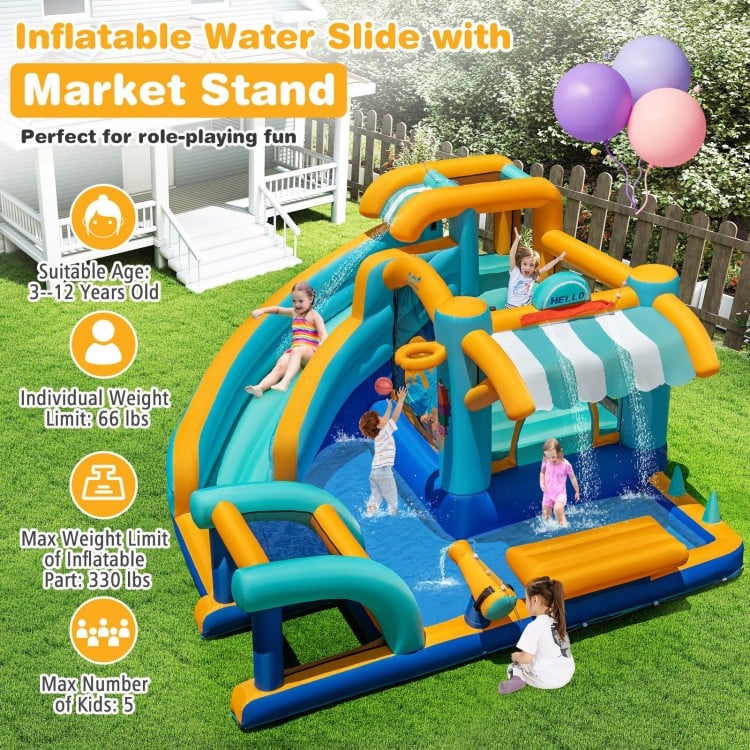 Inflatable water slide bounce house with snack counter, curved slide, and pool for kids' outdoor fun and games.
