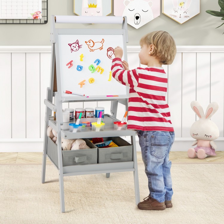 Kids' 3-in-1 art easel in gray with magnetic chalkboard and whiteboard, featuring ample storage for art supplies.