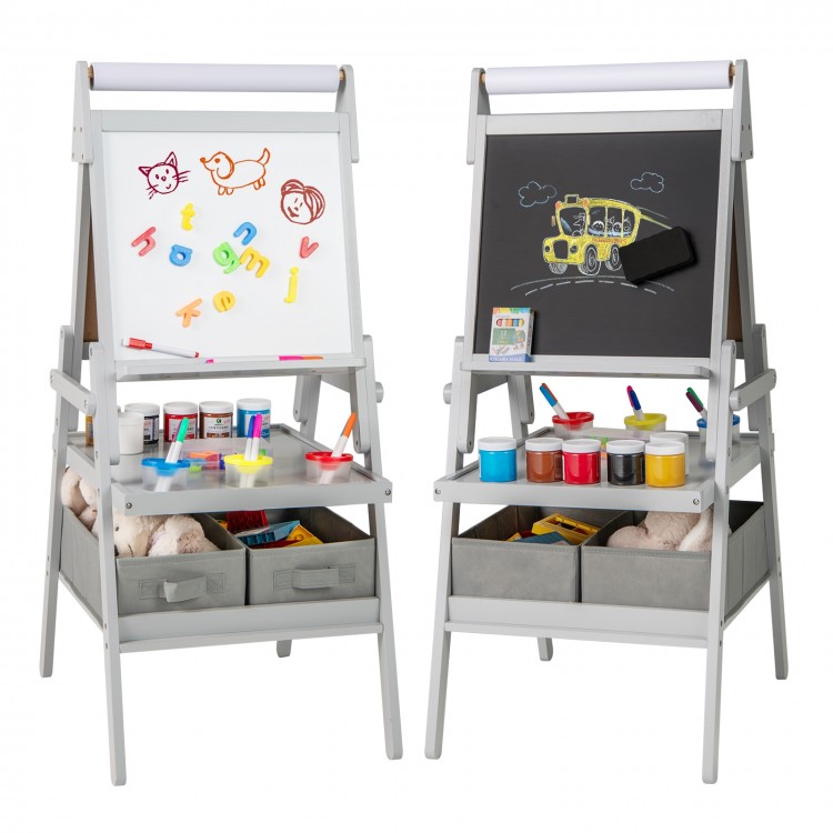 Double-sided 3-in-1 art easel for kids with magnetic chalkboard and whiteboard, featuring ample storage for art.