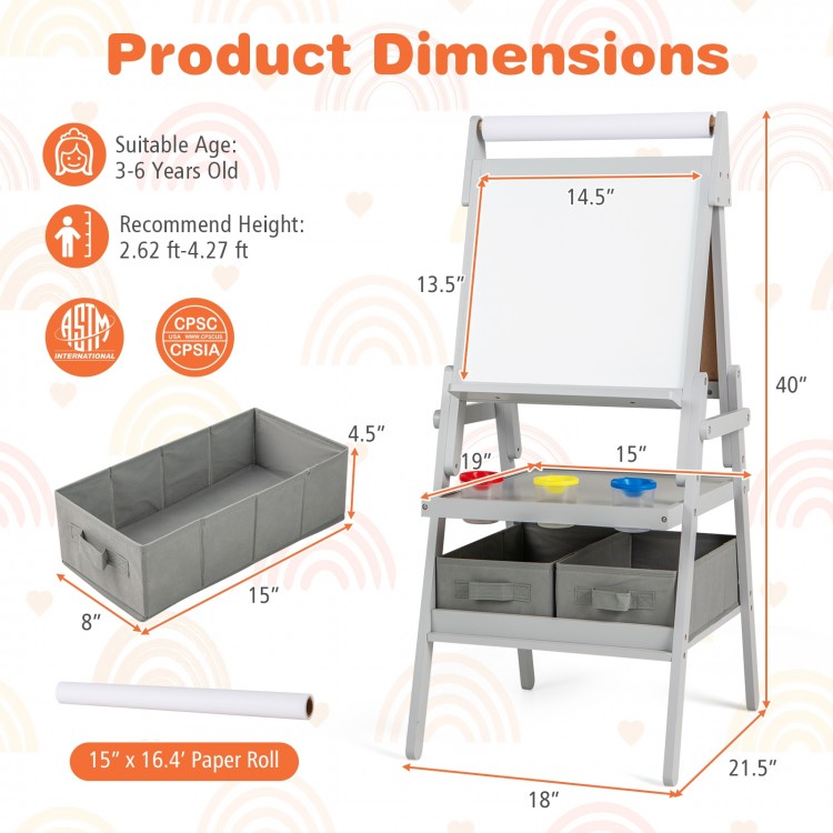 3-in-1 art easel for kids featuring a magnetic chalkboard and whiteboard, with ample storage for art supplies.