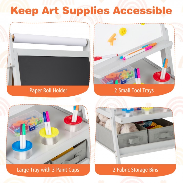 3-in-1 art easel for kids featuring a magnetic chalkboard, whiteboard, and ample storage for art supplies.