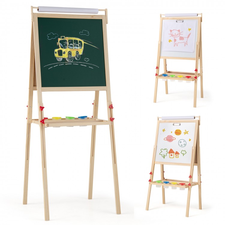 Adjustable double-sided easel featuring a chalkboard and whiteboard, with 4 paint cups for kids' creative activities.