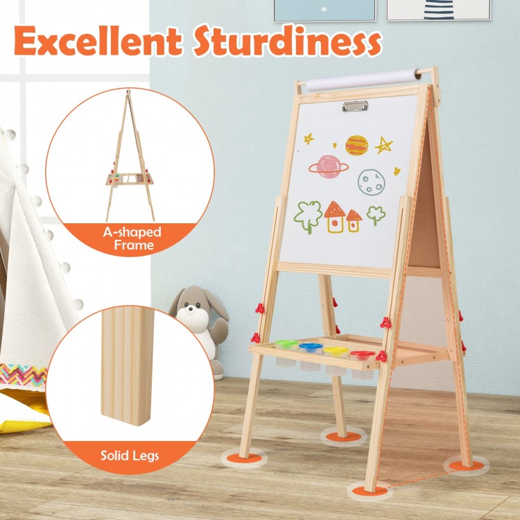 Adjustable double-sided easel with A-shaped frame, featuring a whiteboard, chalkboard, and 4 paint cups for kids'.