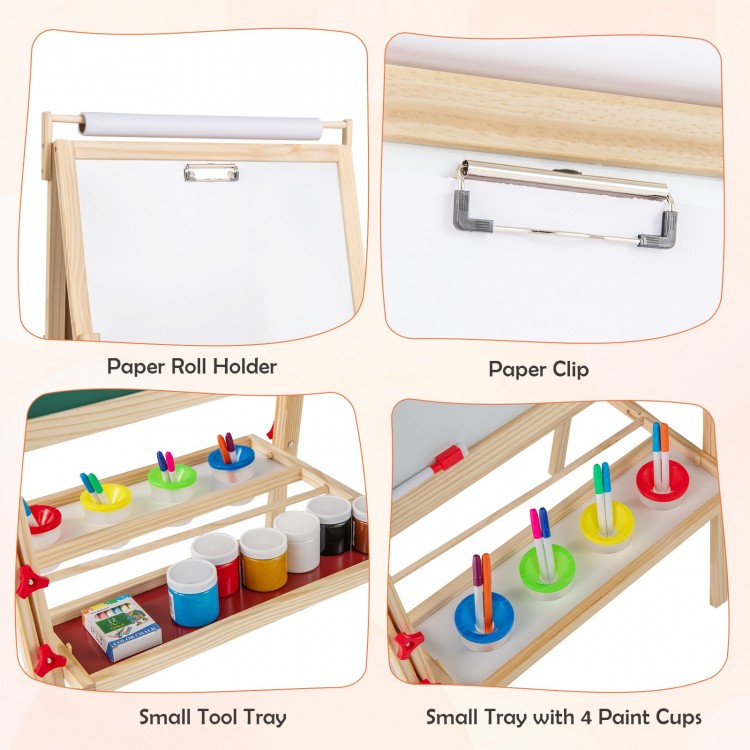 Adjustable double-sided easel featuring a whiteboard, chalkboard, and storage trays with 4 paint cups for kids'.